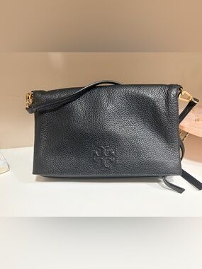 Tory Burch Black Pebbled Leather Shoulder Bag with Embossed Logo